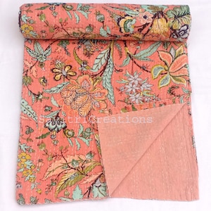 Indian Reversible Cotton Kantha Quilt Queen/ Twin Size Quilted Bedspread Handmade Cotton Bedding Decorative Bed Cover Vintage Floral Print