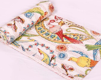 Queen Kantha Quilt: Bird Floral Cotton Bedspread, Handmade Throw