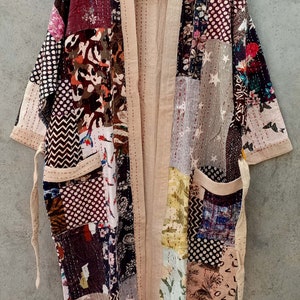 Indian Handmade Kantha Jacket Kimono Women Wear Boho Multi Color Front Open Quilted Jacket