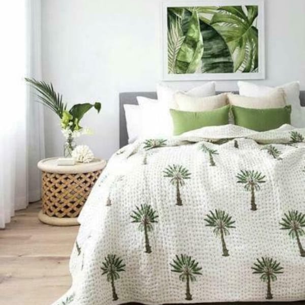 Indian Kantha Quilt, Cotton Bedspread, Hand Block Print Quilt, Palm Tree Print, Indian Handmade White Quilt