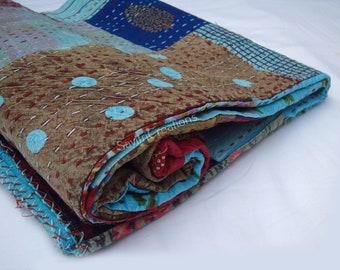 Vintage Kantha Quilt, Bohemian Patchwork Throw, Cotton Twin Size