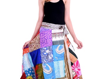 Boho Patchwork Wrap Skirt | Recycled Sari, Indian Maxi Skirt