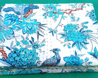 Handmade Twin Cotton Kantha Quilt: Peacock & Floral Print