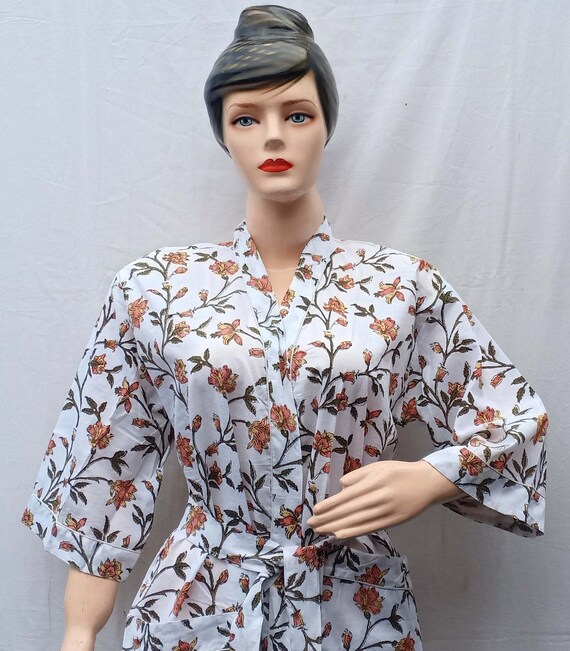 Long Cotton Kimono Indian Floral Robes Beach Cover Etsy