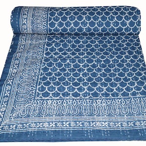 Indian Quilt Handmade Kantha Quilt,Bohemian Vintage Kantha Quilt, Blanket Hand block Print Indigo Blue Quilt