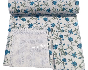 Blått blommigt Kantha-täcke i king size-bomull – handtryckt överkast