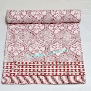 Handmade Pink Kantha Quilt | Indian Block Print Cotton Bedspread | Reversible Throw Blanket | Boho Bedding Queen Size Quilt Gift for Her