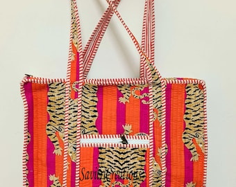 Tiger Print Cotton Tote Bag: Handmade Quilted Market Bag