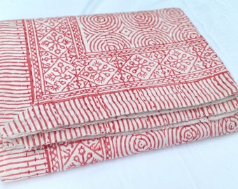 Hand Block Print Kantha Quilt - Twin Size Indian Cotton Bedspread