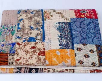 Multi color Kantha Quilt Patchwork Reversible Handmade Throw Sustainable Bohemian Decor