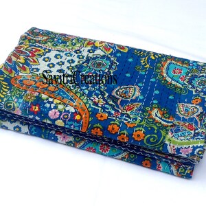 Indian Handmade Blue Paisley Kantha Quilt, Bohemian Bedspread Throw