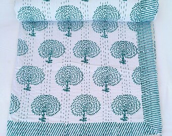 Hand Block Print Kantha Quilt Pure Cotton Green Floral Bedspread