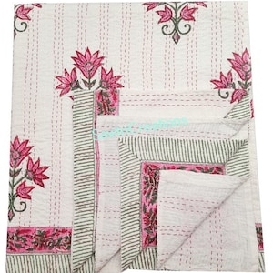 New Hand Block Print Handmade Stitched Hand block Kantha Quilt Hippie Bohemian Blanket Throw Bedspread Decorative King Size Kantha Quilt