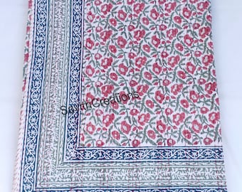 Hand Block Print Kantha Quilt Boho Cotton Bedspread Floral Throw Blanket Queen Size