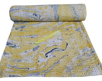 Kantha-quilt handgeblokte gele en grijze tie-dye katoenen kingsize quilt