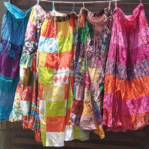 Indian Handmade Patchwork Long Skirt Double Layer Fabric Vintage Mix Patches Skirt
