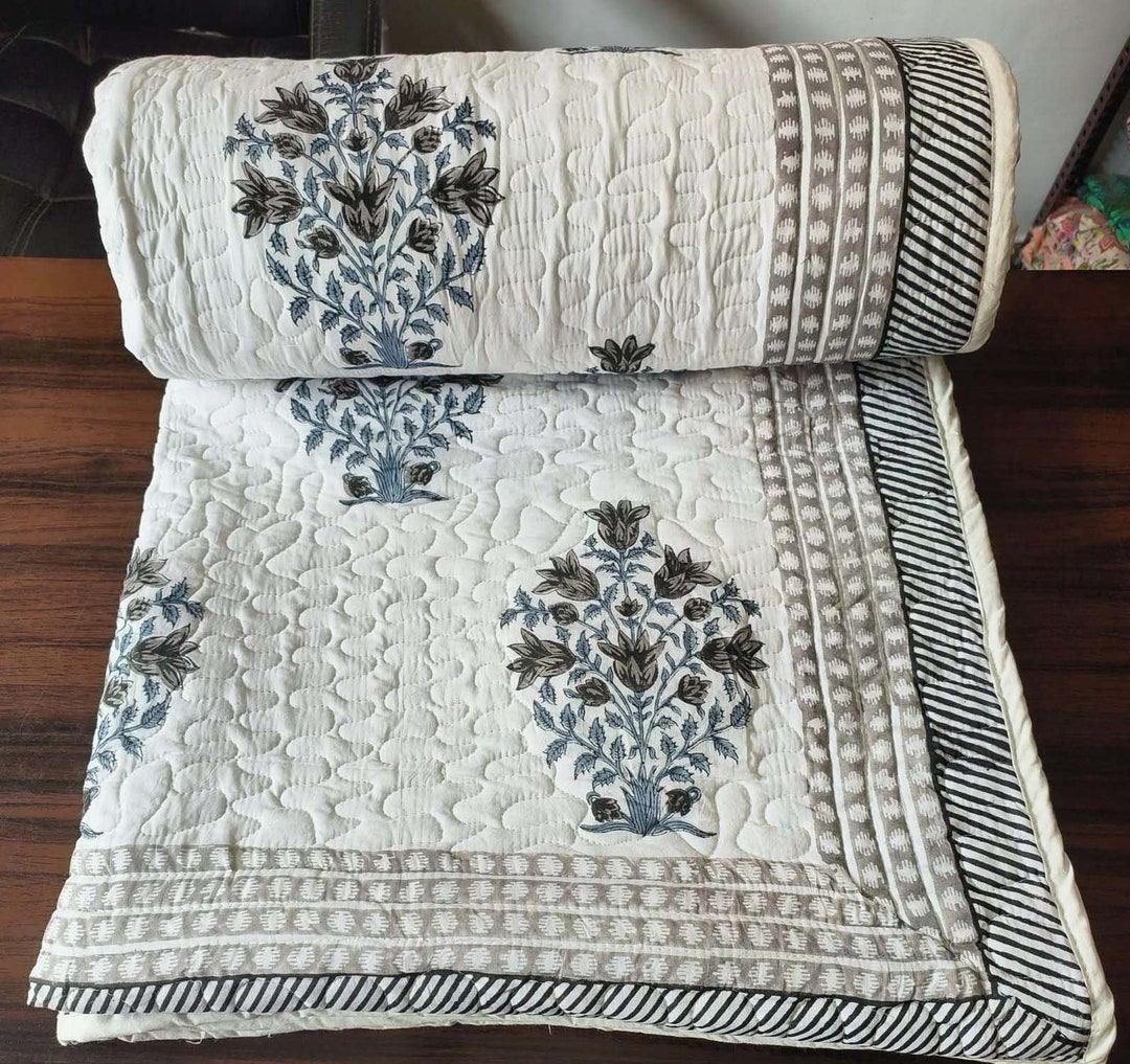Indian Reversible Cotton Filled Quilts Jaipuri Razai Soft Quilt Hand