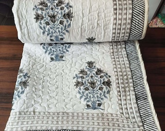 Reversible Hand Block Print King Size Quilt: Indian Cotton Filled Razai