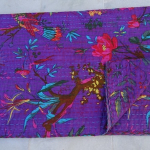 Bird Print Kantha Quilt King Size Handmade Bed Cover Multi Reversible Blanket Bedding 100% Cotton Quilts