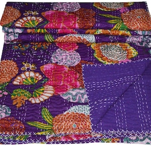 Indian Kantha Quilt Handmade Kantha Bedspread Cotton Quilt Purple Fruit Print Kantha Throw Blanket Bed Cover Queen Quilt