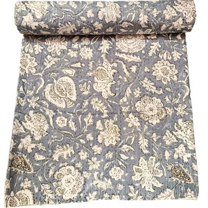 Blue Floral Kantha Quilt: Handmade Indian Cotton Bedspread (Queen Size)
