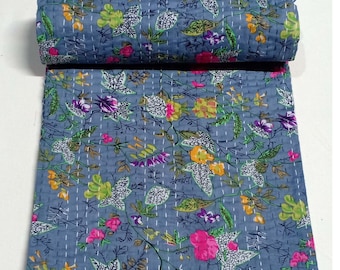 Indian Kantha Floral Print Quilt Cotton Hand Block Bedding Coverlet Twin Size Blanket Quilt Kantha Grey Printed Bedspread Indian Quilt