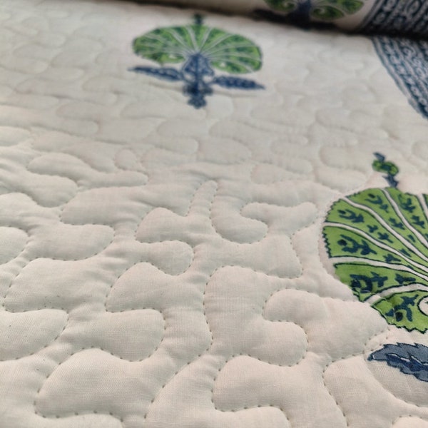 Indian Hand Block Print Quilt Floral Print White Base Soft Quality Quilt Razai Quilt Famous Quilt King size Reversible Quilt Green