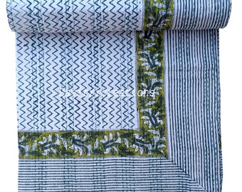 Handmade Kantha Quilt  Zigzag Print Quilt Cotton Boho King Size Bedspread