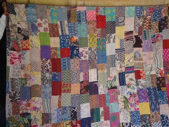 Handmade Patchwork Kantha Quilt: Bohemian Cotton Bedspread