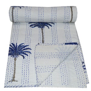 Palmboom kantha, Indiase handgemaakte kantha-quilt, handgemaakte quilt, kantha gooien, kantha sprei, handgemaakte kantha, blokdruk kantha