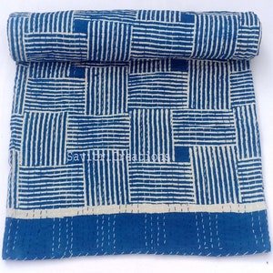 Indian Cotton Handmade Blue Indigo Kantha Quilt Hand Block Bedding Bedspread King Size Kantha Bed Cover Vintage Throw Blanket