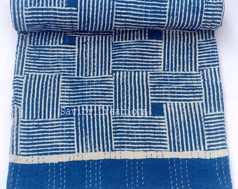 Handgemaakte indigo kantha-quilt, kingsize katoenen sprei