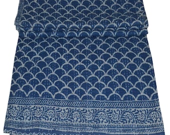 Indigo Geometric Kantha Quilt Hand-Stitched Cotton Reversible King size Indian Bedspread