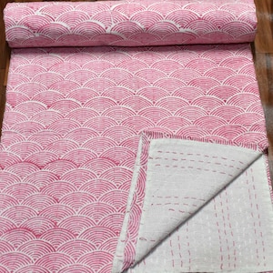 Indian Handmade Block Print Kantha Quilt Kantha Throw Blanket Bedspread Queen Cotton Rainbow Design Pink Quilt