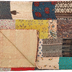 Indian Handmade Vintage Kantha Quilt Patchwork Cotton Bedspread Bedding Blanket Stone Wash Quilt
