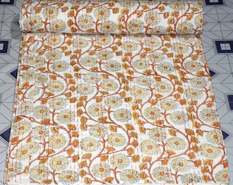 Floral Print Kantha Quilt, Hand Stitched Indian Blanket