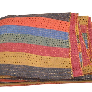 King Size Kantha Quilt Indian Kantha Quilt, Cotton Blanket Handmade Bedspread Hand Strip Patchwork , 100% Cotton Bedspread Blanket Throw