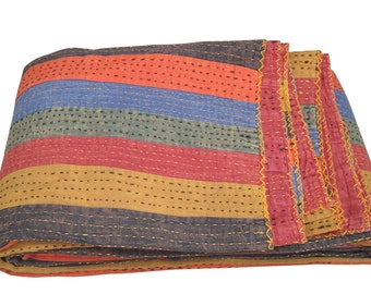 King Size Kantha Quilt, Handgenähte Patchwork Tagesdecke aus Baumwolle