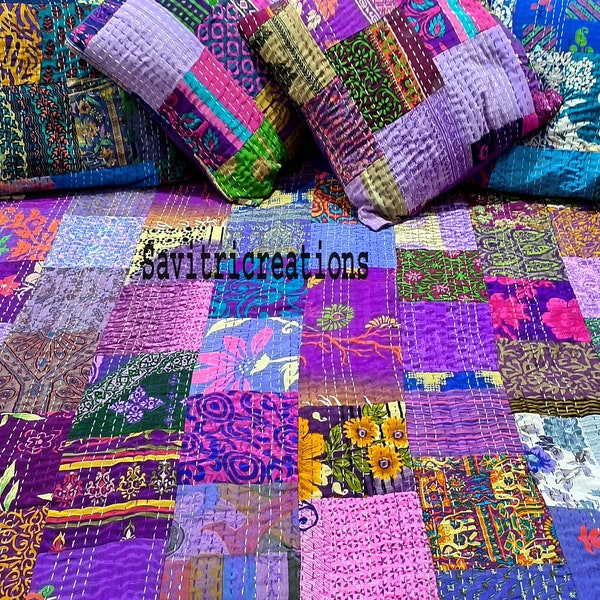 Bohemian Indian Silk Patchwork Kantha Quilt Boho Throw Blanket Bedspread Quilting Bedding Hippie Comforter Purple Handmade Bohemian Quilt