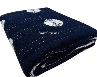 Reversible Black Block Print Quilt, Cotton Voile Razai, King Size