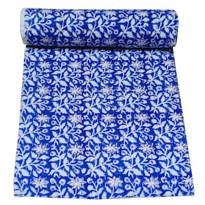 Indian Handmade Kantha Quilt Kantha Throw Blanket Bedspread Twin/Queen Cotton Block Print Kantha Quilt