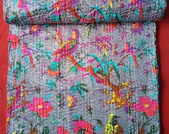 Handmade Indian Kantha Quilt: Queen Reversible Bohemian Bedspread