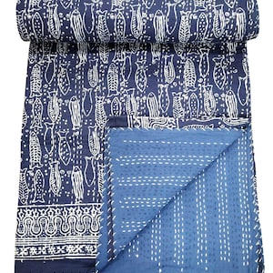 Couette imprimé poisson, courtepointe Kantha, couvre-lit kantha bleu, courtepointe indienne, courtepointe fait main grand lit, jeté de couverture Kantha multi