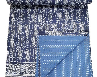 Blue Fish Print Kantha Quilt: Handmade Indian Queen Bedspread