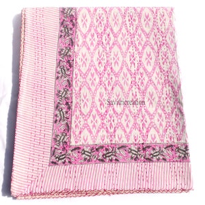 Vintage Indian Kantha Quilt Handmade Pink hand block print 100% Cotton Bed cover Bedspread Blanket Queen Size Kantha Quilt