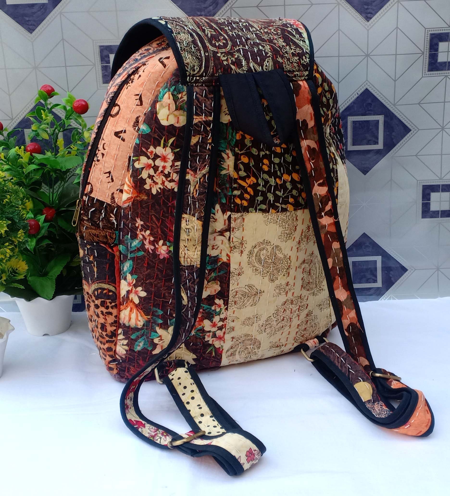 Burlap Festival Kantha bohemian patchwork colorful knapsack backpack Large Cotton Patchwork Backpack Festival Bag - FWOSI main image 3