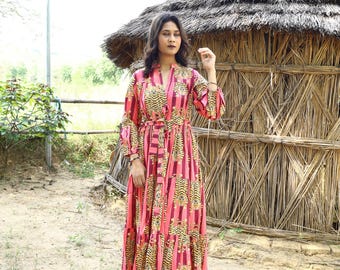Boho Ruffle Maxi Dress, Indian Cotton Animal Print with Pockets