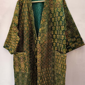 Indian Handmade Kantha Kimono Women Jacket Wear Boho Green Color Front Open Quilted Jacket Length 36 Inche