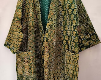 Handgemaakt kantha gewatteerd kimonojack - bohogroen patchwork