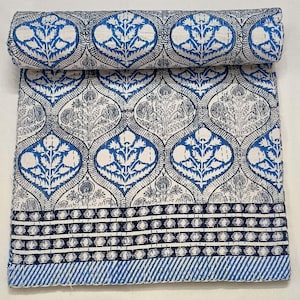 New Indian Blue Leaf Kantha Quilt Cotton Throw Blanket Hand Block Print Kantha Quilt Bedding Boho Kantha Quilt Indian printed Blanket Quilt